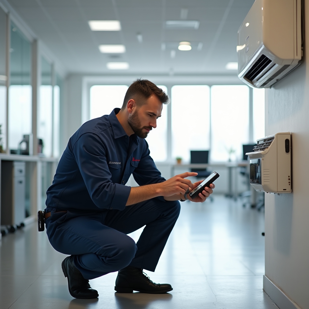Technik serwisujący klimatyzację w biurze