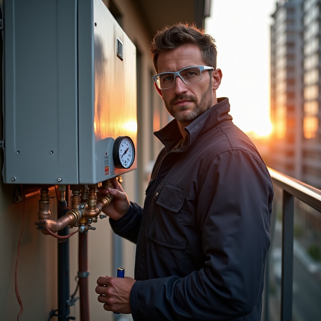 Technik sprawdzający szczelność instalacji klimatyzacyjnej manometrem