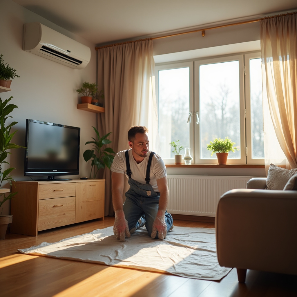 Technik serwisujący klimatyzację w domu jednorodzinnym